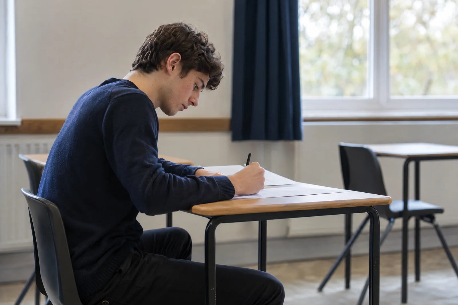 A private examination candidate writing at a desk in a quiet exam room
